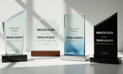 Glass and black engraved plaques standing on a shelf